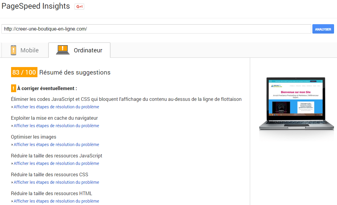 PageSpeed PrestaShop optimiser Code Cache CSS mobile